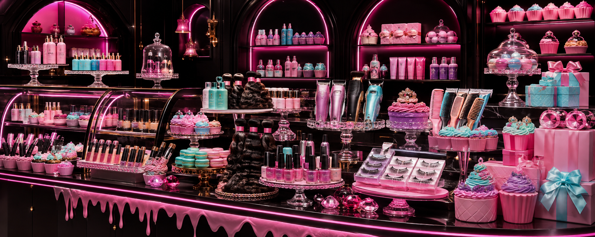 Neon bakery display of beauty and small-business design products