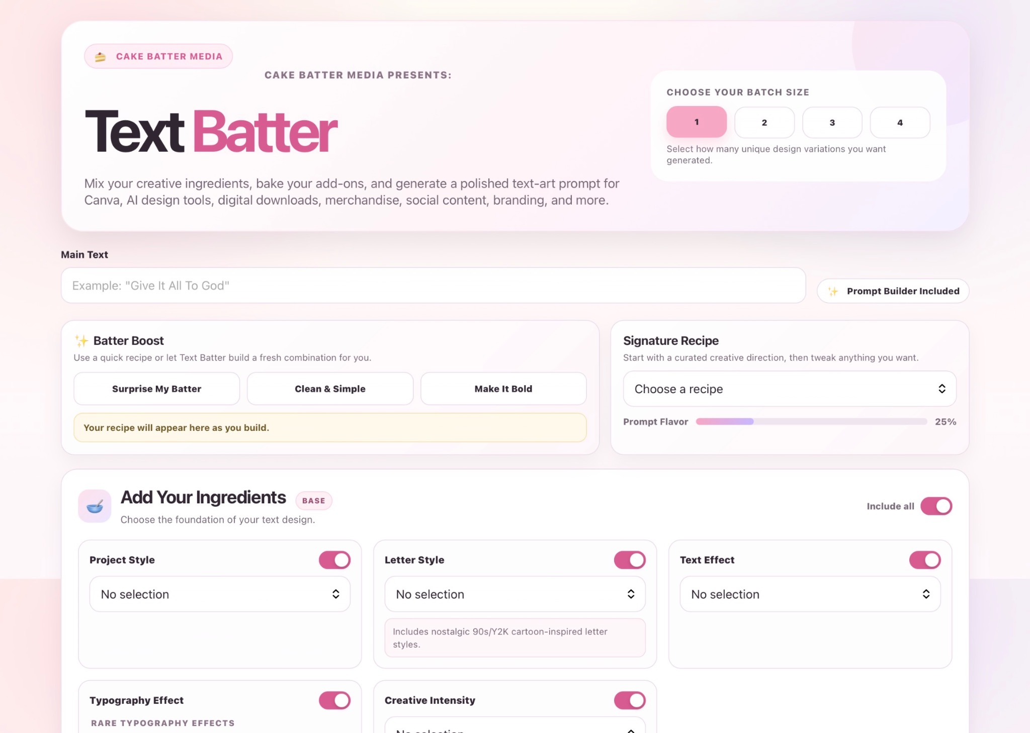 Text Batter generator interface preview