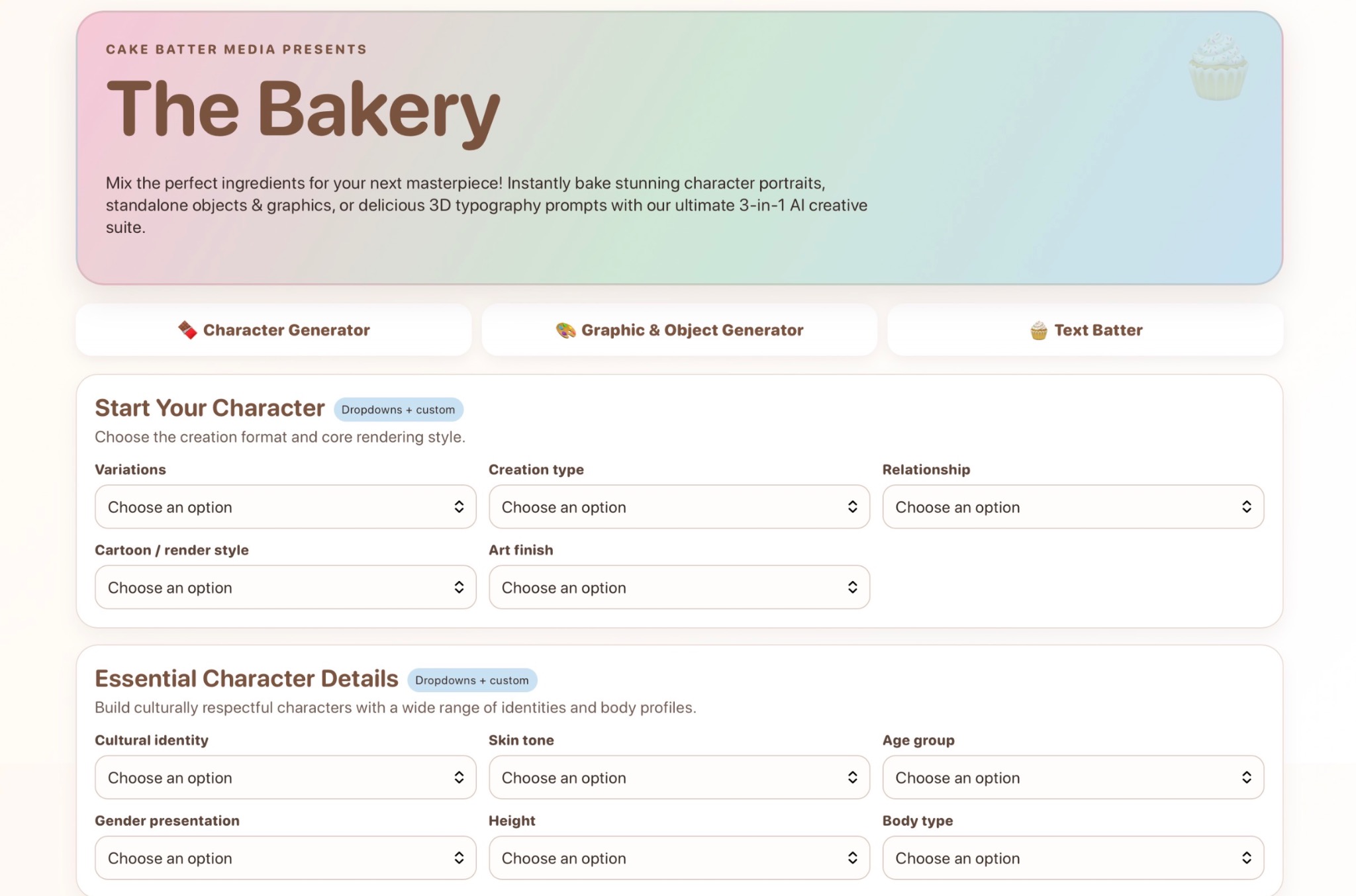 The Bakery generator interface preview