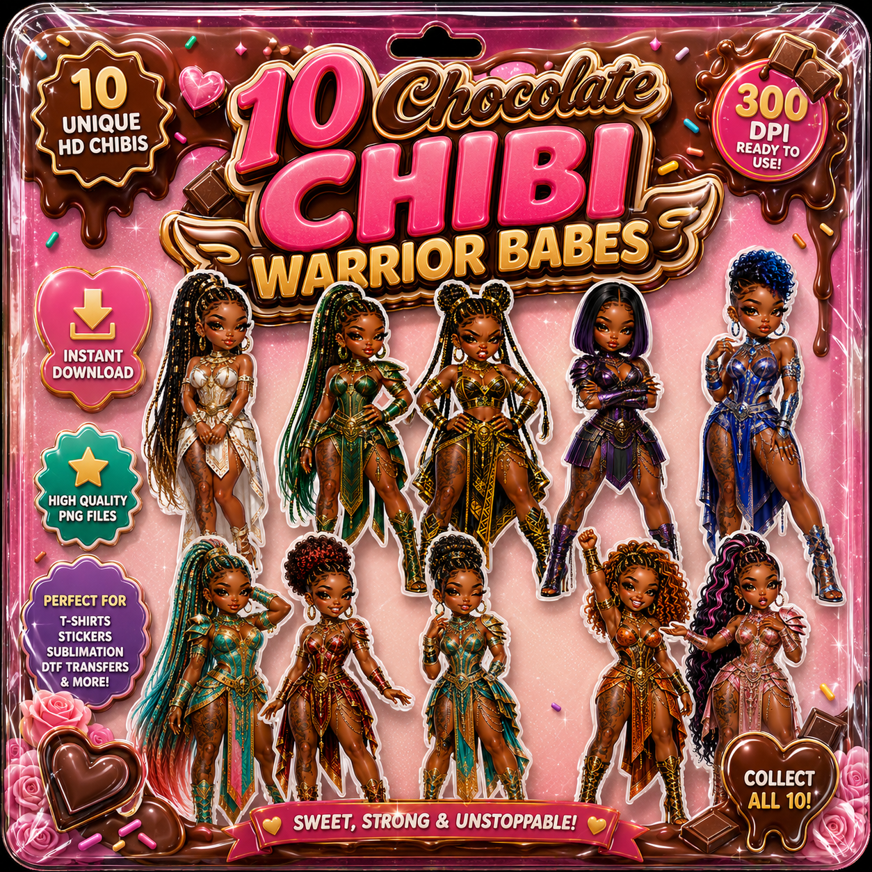 10 Chocolate Chibi Warrior Babes digital PNG clipart bundle packaging
